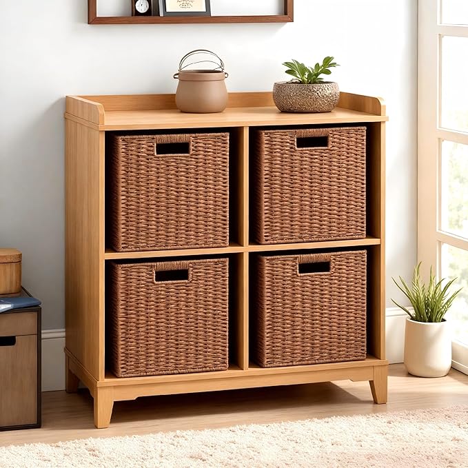 UBBCARE 4 Pack Wicker Basket, 11L×11H×10.5W inch Woven Paper Rope Storage Baskets for shelves, Foldable Cube Storage bin with Handle, Storage Basket for Organizing & Decor, Caramel