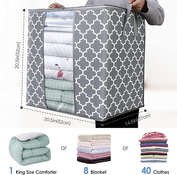WISELIFE Storage Bags 4 Pack/100L Large Blanket Clothes Organization and Storage Containers for Comforters,Bedding, Foldable Organizer with Reinforced Handle, Clear Window, Sturdy Zippers,Light Gray