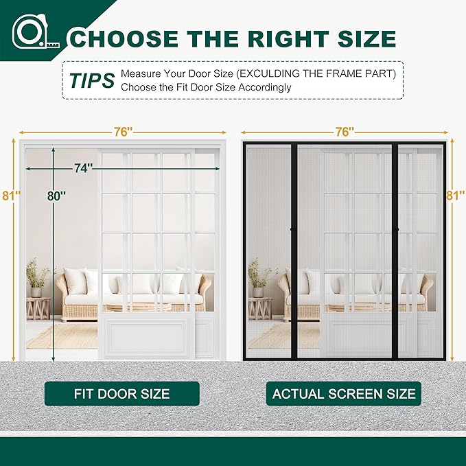 Magnetic Screen Door, Fits Door Size 74" X 80", Door Mesh with Magnetic Closure and Super Strong Magnets, Heavy Duty Double Opening for Sliding Patio and French Doors