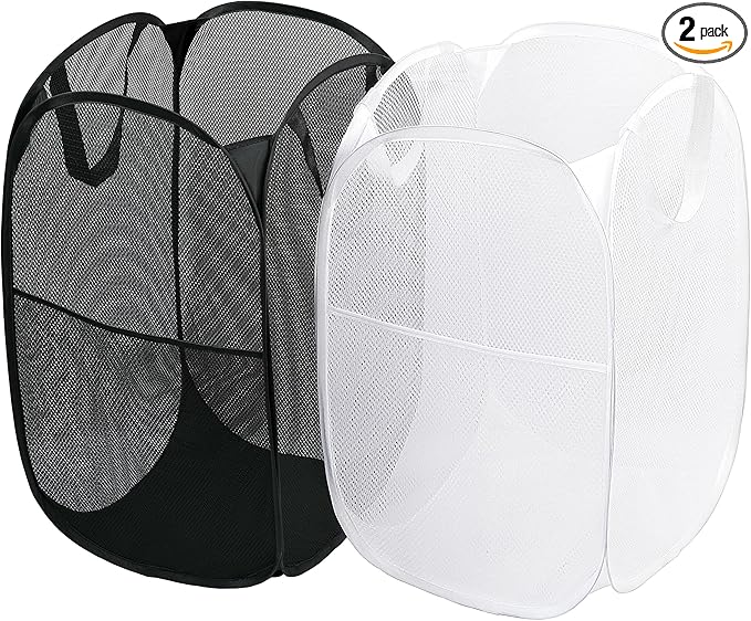 2 Pack Laundry Basket,Foldable Mesh Pop-up Laundry Hamper with Durable Handle,Easy to Open and Fold for Dorm, Laundry Room, Bedroom, RV… (White+Black)
