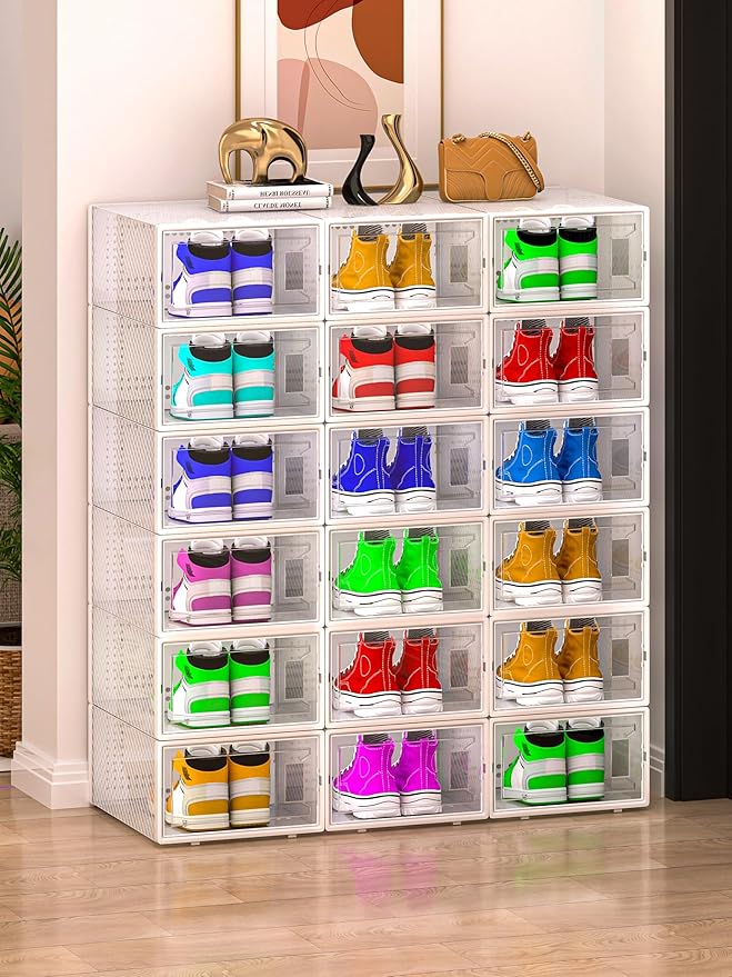 X-Large Plastic Clear Shoe Storage Boxes Stackable 12 Pack Fit Size 11, Shoe Rack & Holder Substitute, Sneaker Containers, Toy Storage Organizer for Entryway, Closet, Under Bed (White)