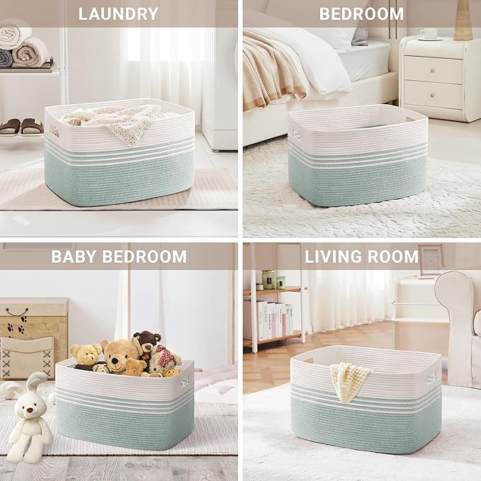 86L Large Laundry Basket for Living Room Storage,Woven Rope Baskets for Blanket,Kids Toy,Gifts,Wicker Hamper for Bedroom Dirty Clothes,24"x16"x14" White Green