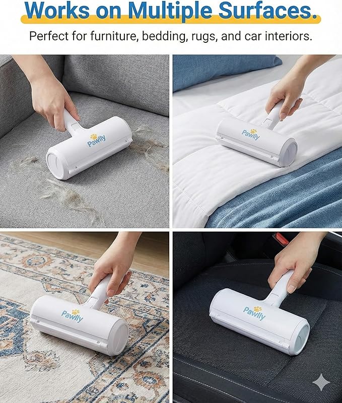 Pawlly Pet Hair Remover Roller – Reusable Lint Roller for Pet Hair, Dog & Cat Hair Remover – Self-Cleaning Fur Removal Tool for Couch, Sofa, Furniture, Carpet, Car Seats & Bedding – No Refills Needed