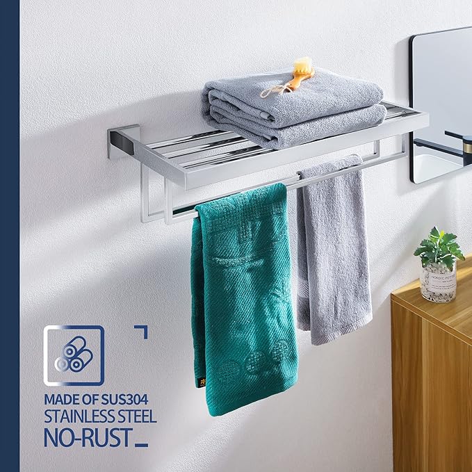 KOKOSIRI Bathroom Towel Shelf 20-Inch Chrome Towel Rack with Two Bath Towel Bars SUS304 Stainless Steel Wall Mounted, Polished Finish B6003CH-L20