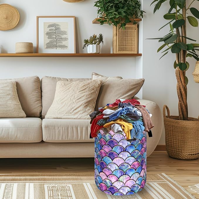 Colorful Mermaid Scales Laundry Basket Foldable Oxford Cloth Beautiful Fish Scales Laundry Hamper With Handle Clothes Storage Organizer Basket 18.9"x16.5"Storage Bag For Laundry Room/Bathroom/Bedroom