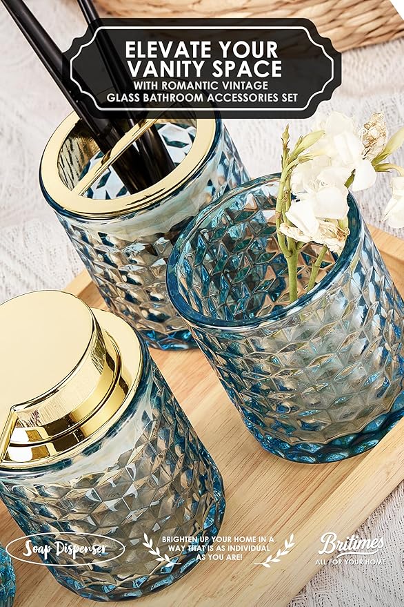 Blue Bathroom Accessories, 4Pcs Blue Bathroom Accessory Set Complete, Toothbrush Holder Set, Soap Dispenser, Qtip Holder, Tumbler, Perfect for Bathroom Decor and Vanity