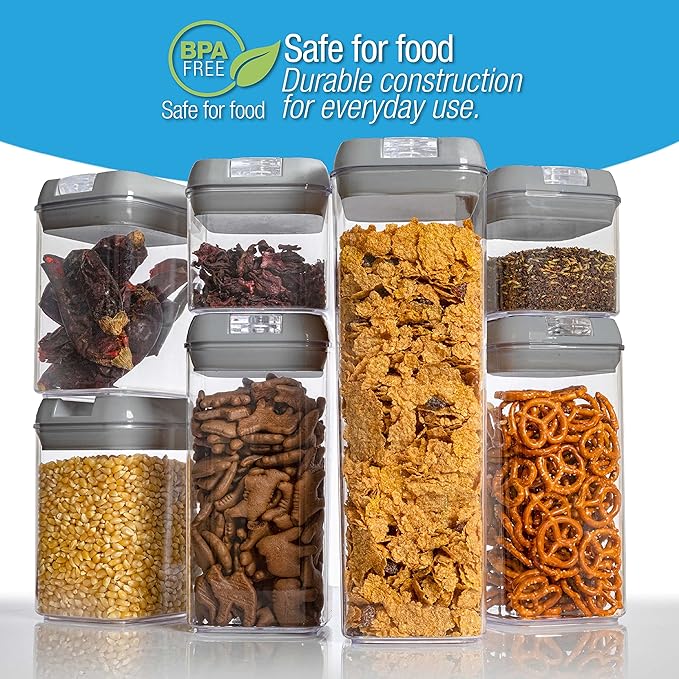 Set of 7 Airtight Food Storage Containers - Pantry Organizer Bins, BPA Free Plastic Containers plus Dry Erase Marker and Labels, Gray