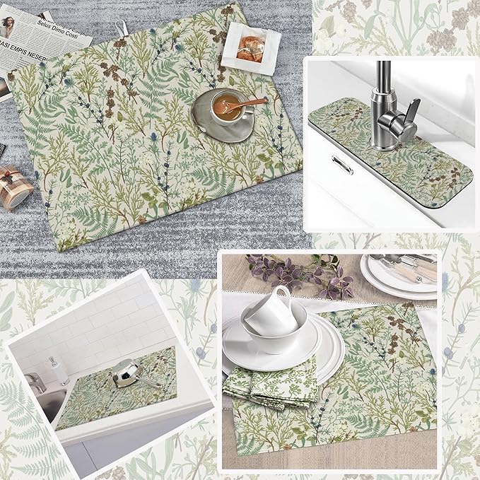 3Pcs Green Plant Dish Drying Mat & Kitchen Sink Splash Guard Faucet Mat For Kitchen Counter Absorbent Microfiber Dishes Pad Dish Drainer Rack Mats Fast Dry Kitchen Accessories