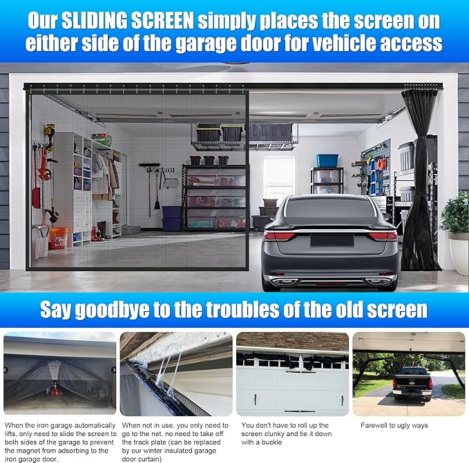 Sliding Garage Door Screen 16x8FT for 2 Car Garage Doors, Magnetic Garage Screen Door with Track Closure, Thicker 265g/㎡ Mesh, 16x8Ft Retractable Garage Door Screen(Patent has Been published)
