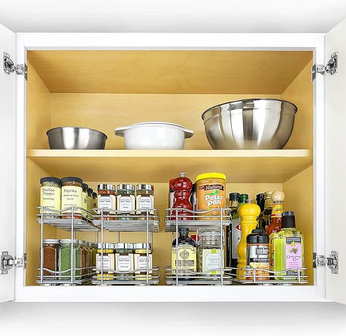 LYNK PROFESSIONAL® Pull Out Spice Rack Organizer for Inside Kitchen Cabinets - 10-3/8 inch Wide - Slide Out Drawer – Chrome Sliding Spice Organization for cabinet - Spice Racks - 2 Tier