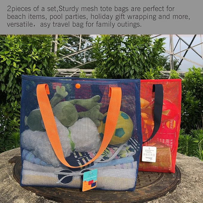 2Pack Large lightweight Simple Mesh Beach Tote Bag With snap Button Reusable Pool Bag for Outdoor Travel Shopping Gym