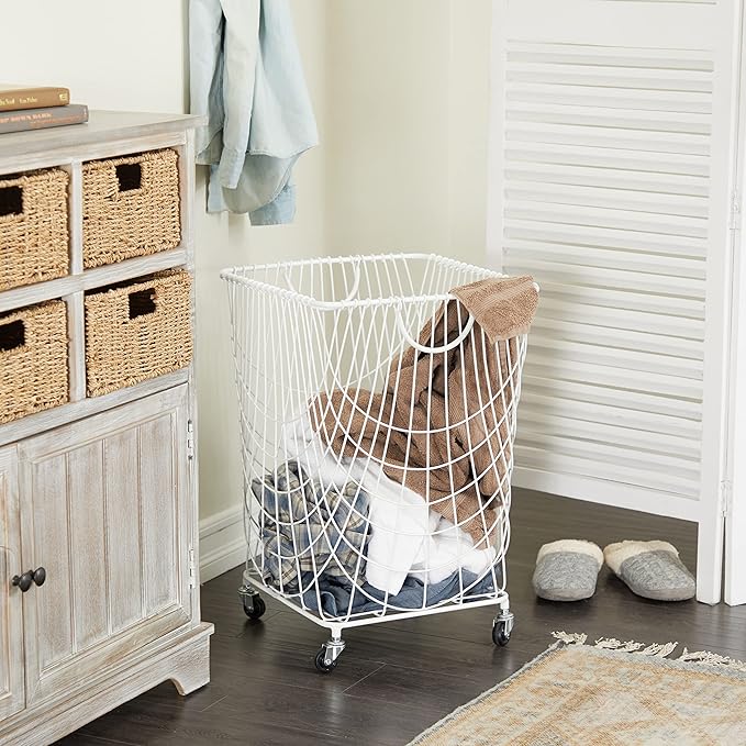 Deco 79 Metal Storage Cart Deep Set Mesh Rolling Laundry Basket , 17" x 17" x 24", White