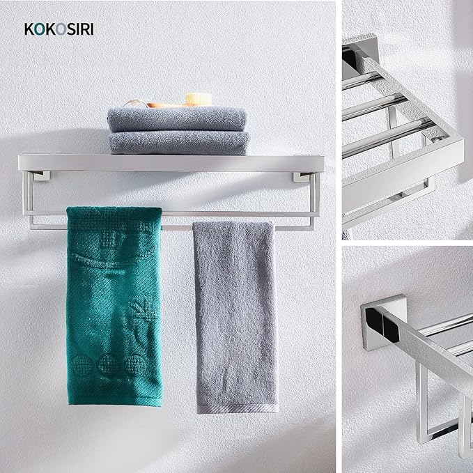 KOKOSIRI 24'' Bathroom Towel Shelf Chrome Towel Rack with Two Bath Towel Bars SUS304 Stainless Steel Wall Mounted, Polished Finish, B6003CH