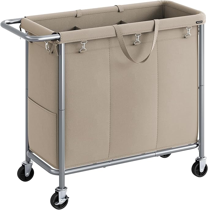 SONGMICS Laundry Basket with Wheels, 3-Section Rolling Laundry Hamper, 52.8 Gallons (200 L), Removable Liner, Steel Frame with Handle, 35.8 x 15.4 x 31.9 Inches, Camel Brown URLS005N01