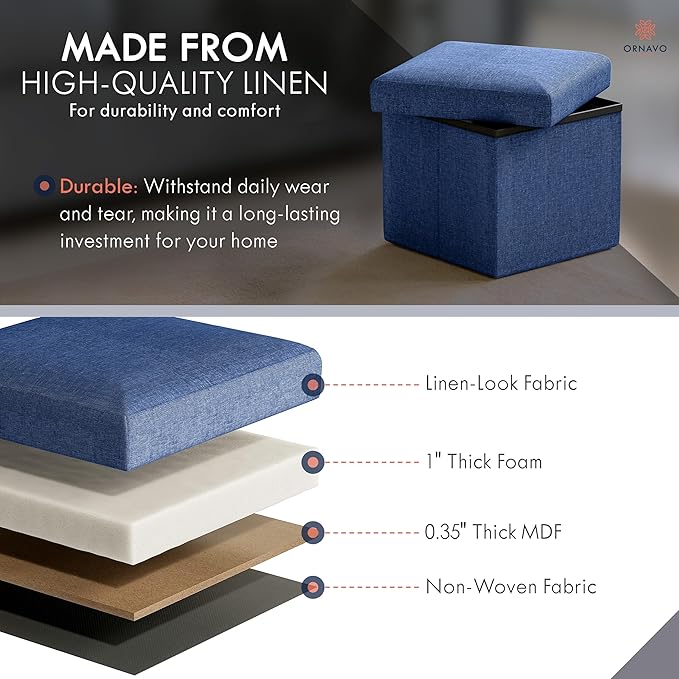 Ornavo Home Small Storage Ottoman Foldable Collapsible Cube Square Linen Ottoman Foot Rest Stool Seat, for Living Room, Bedroom, Home Office, Dorm - 12 x 12 x 12, Navy Blue