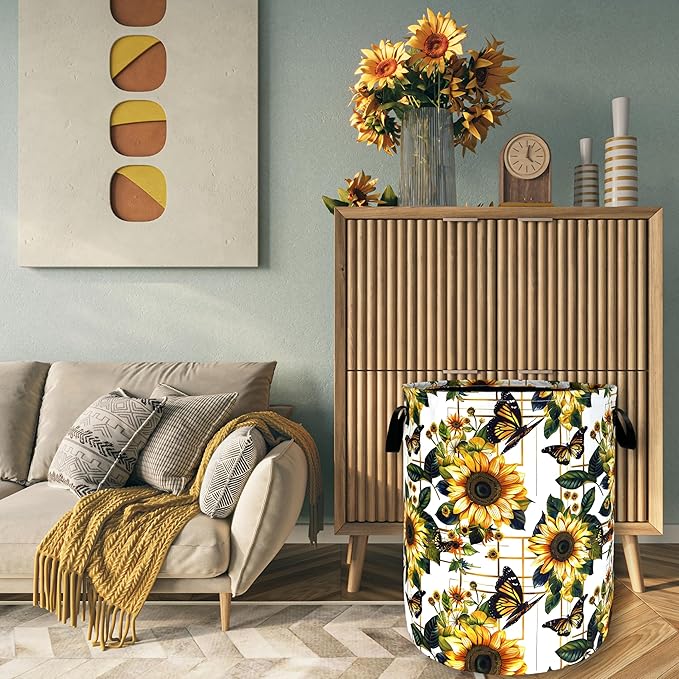 Yellow Sunflower Butterfly Laundry Basket Flowers Foldable Funny Laundry Hamper Oxford Cloth Colorful Tote Bag Clothe Toy Storage Bucket 18.9" x 16.5"For Bathroom/Laundry Storage/Bedroom