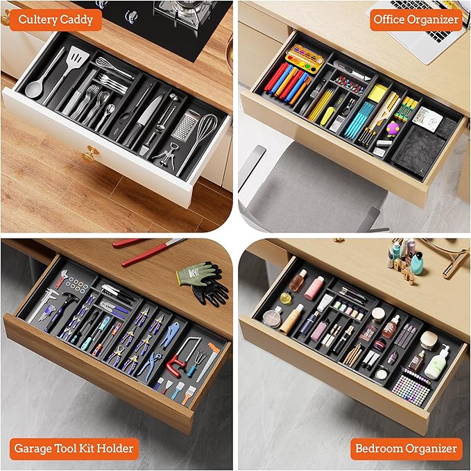 Silverware Organizer Large, Magnetic Connected Expandable 11 Slots Silverware Drawer Organizer from 21 to 37.4 Inches, Adjustable Flatware and Cutlery Holder, Bamboo Utensil Tray for Kitchen Black