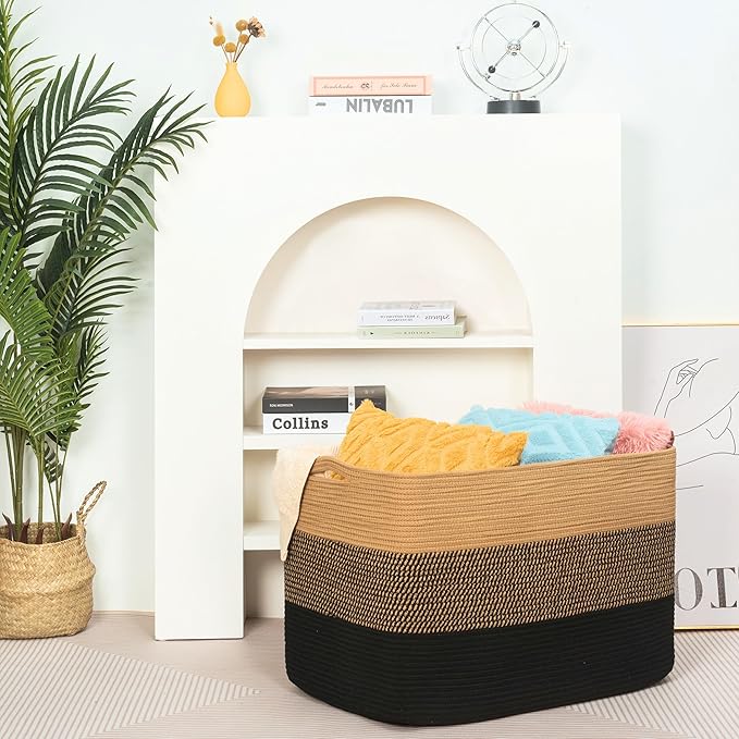 MINTWOOD Design 112L Extra Large Blanket Basket Holder Living Room, 25"x17"x16" Rectangle Rope Woven Storage Basket with Handles for Laundry, Pool Towels, Shoes, Dog Toy Organizer Bin Box, Black Jute