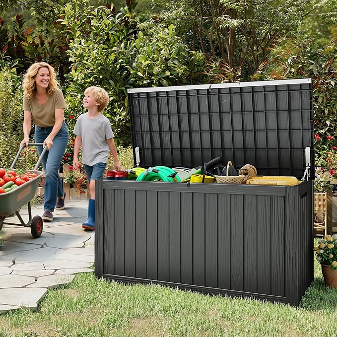 Outdoor Storage Box, 200 Gallon Waterproof Resin Deck Box, Storage Bin for Package Delivery, Patio Furniture Cushion, Garden Tools, Pool Accessories, Weatherproof and UV Resistant, Black