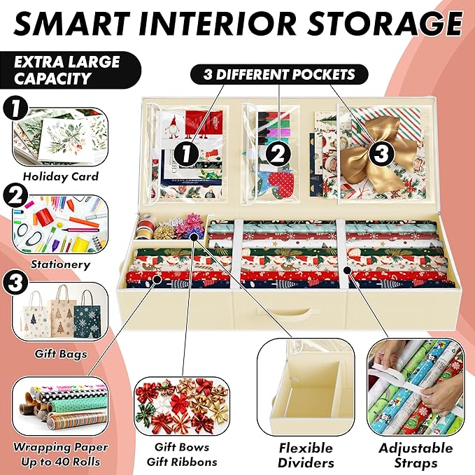 Simple Houseware 41.5" Wrapping Paper Storage Organizer - Fits 40 Rolls with Adjustable Straps, Interior Divider for Ribbons & Bows, 3 Clear Pockets for Gift Bags & Tools, 41.5''L x 16''W, Beige
