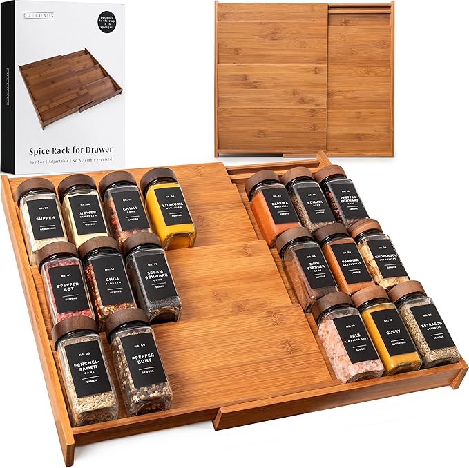 Spice Drawer Organizer - Expandable Spice Rack for Drawer, Black Seasoning Organizer for Drawer Spice Organizer, Spice Organization Seasoning rack insert for Cabinet (Jars Not Included)