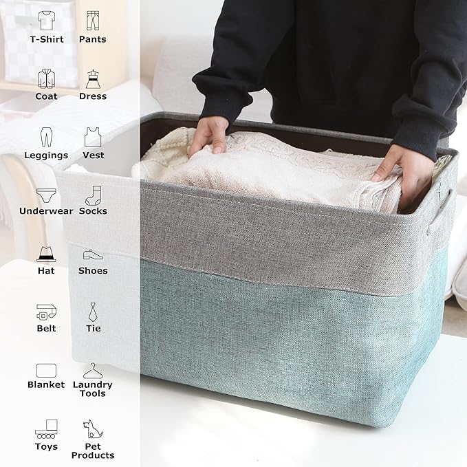 Sea Team 3-Pack Extra Large Storage Basket Set, Trunk Organizer, Clothes Toys Bin, 22 x 15 x 13 Inches, Rectangular Canvas Fabric Collapsible Shelf Box with Handles for Kids Room (Ash Grey/Grey)