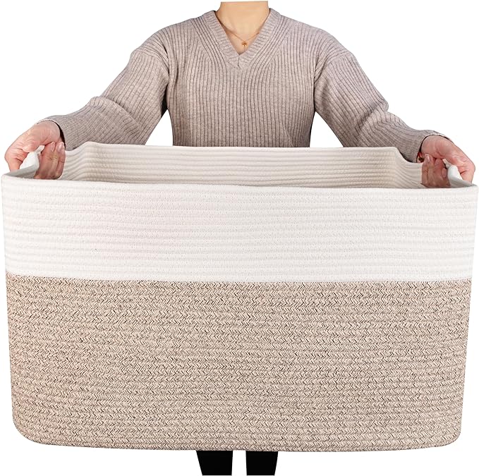 MINTWOOD Design 22in Extra Large Blanket Basket Holder Living Room, Rectangle Rope Woven Storage Basket with Handles for Laundry, Pool Towels, and Shoes, Dog Toy Organizer Bin Box, Light Brown