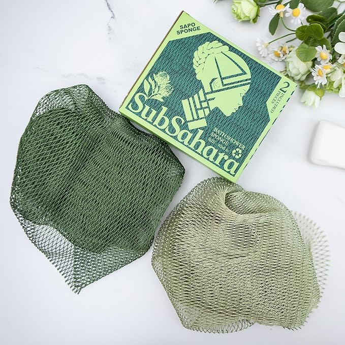 SubSahara Authentic African Net Sponge - 2 Pack Exfoliating Bath & Shower Loofah Sponge for Body & Face, Gentle Scrubber for All Skin Types, Travel, Durable (Olive Green & Light Green)
