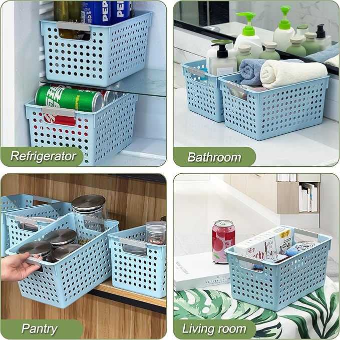 Soddeph 4 Pack Plastic Storage Basket with Handles, Small Deep Organizer Bin with Hollow Design for Under Counter, Shelf, Closet, Kitchen or Bathroom (Blue, Small)