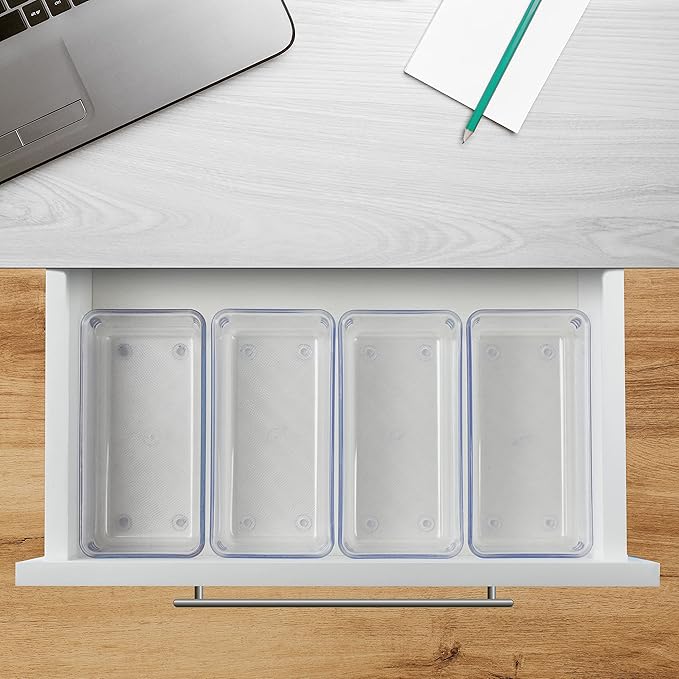 Acrimet Drawer Organizer Modular, Box Tray Storage Bins for Office, Home, Makeup, Kitchen, Junk Drawer (4 Pieces) (Clear Crystal Plastic)