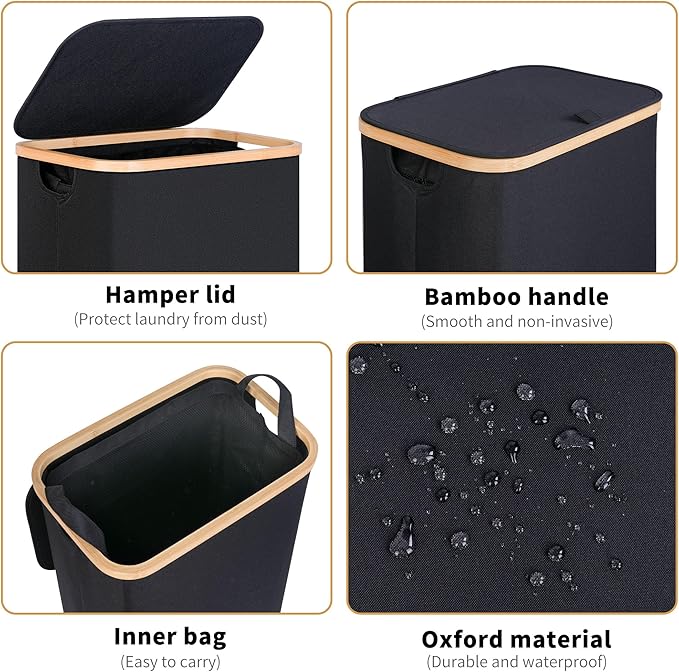75L Slim Laundry Hamper, Narrow Laundry Basket with Lid,Foldable Clothes Hamper with Bamboo Handles,Hamper Basket with Removable Inner Bag for Laundry Room Bedroom College Dorm,19.8 Gals Black