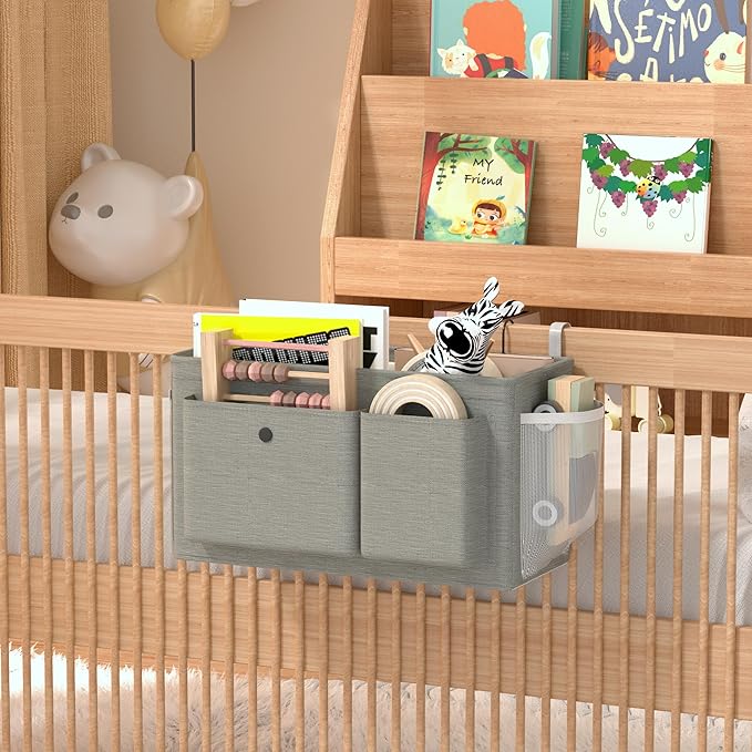 Bedside Caddy Bedside Organizer with Fixed Straps & Water Bottle Holder, Bunk Bed Caddy ideal for Home, Dorm, Hospital, Crib, Versatile Bedside Storage Solution (Grey)
