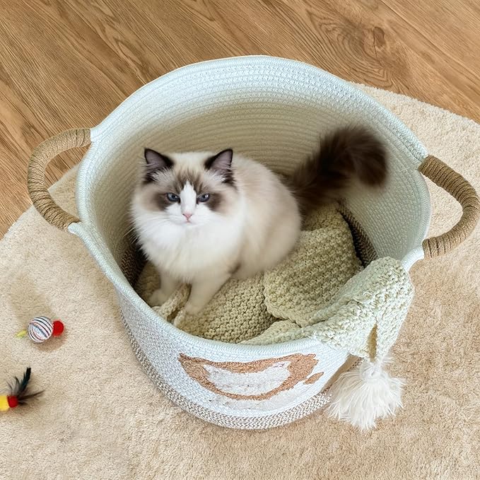 Toy Storage Basket(12"x12"), blanket basket, Cotton Rope Woven Laundry Hamper with Cute Embroidered Lions for Nursery, Living Room, Laundry (Lion)