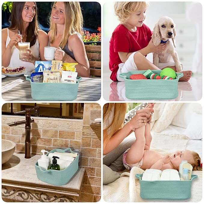 Woven Cotton Rope Storage Basket with Handles for Organizing Shelves Closet Small Cat Dog Pet Toy Baskets Box Bin Decorative Rectangle Baby Nursery Basket Gift Basket Empty (Light Green)