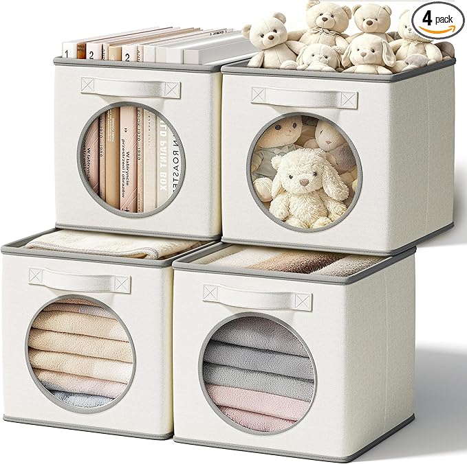 Vailando Foldable Fabric Storage Bins with Round Window - 4 Pack 11"x11"x11" Collapsible Cube Storage Organizer for Clothes, Shelves, Offices, Toys & Misc, White & Ivory