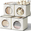 Vailando Foldable Fabric Storage Bins with Round Window - 4 Pack 11"x11"x11" Collapsible Cube Storage Organizer for Clothes, Shelves, Offices, Toys & Misc, White & Ivory