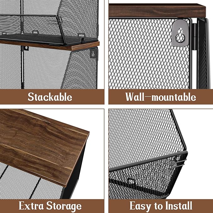 Stackable Fruit Basket for Kitchen Countertop Space Saving, Wall Mounted Mesh Metal Wire Basket with Wood Lid Extra Storage, 2 Pack Kitchen Counter Organizer for Snack, Onion and Potato Storage, Black