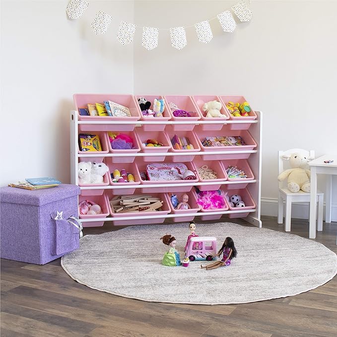 Humble Crew Extra-Large Toy Organizer with 20 Plastic Bins – Pink/White Storage Rack with 4-Tier Shelves, Anti-Tip Safety, for Kids’ Rooms, Playrooms, Nurseries & Classrooms