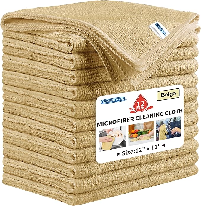 HOMERHYME Microfiber Cleaning Cloth, 12 Pack Biege Cleaning Rags,12" X 11" Lint Free Dish Towels Wash Cloths, Reusable Microfiber Towels for Home and Kitchen Bathroom Apartment Cleaning Supplies