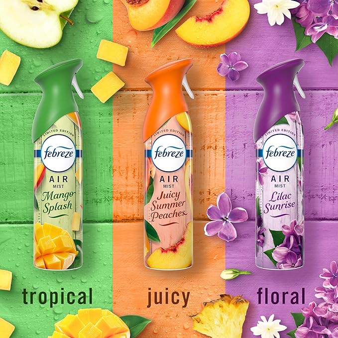Febreze Air Mist, Air Freshener, Odor Fighting Room Spray, Deodorizer for Home Bathroom Kitchen Office Apartment Classroom, Lilac Sunrise, Summer Peaches, Mango Splash Variety Pack, 8.1oz (Pack of 3)