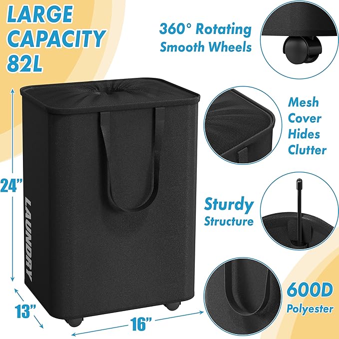 Simple Houseware Large 82L Laundry Basket with Wheels, Collapsible Waterproof Hamper with Handles and Mesh Cover, Black