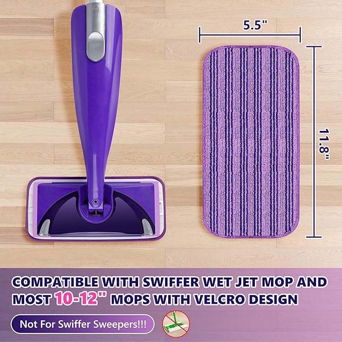 Reusable Mop Pads Compatible with Swiffer Wet Jet, Wet Jet Pads Refills for Swiffer Mop, Microfiber Replacement Pads for Hardwood Floor Cleaning, Dry Wet Mopping Cloths for 12" Wet Jet Refill, 6 Pack