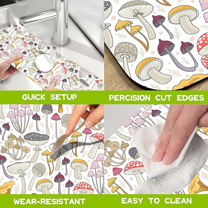 Kitchen Sink Splash Guard Faucet Mat Super Absorbent Fast Drying Mat Guard Behind Faucet Drip Catcher for Kitchen Bathroom (Colorful Mushrooms, 23.5"X5.5")