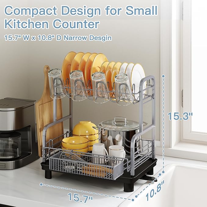 2 Tier Silver Large Capacity Dish Drainers Drying Rack for Kitchen Counter, Metal Stainless Steel Rust Proof Plate Strainers Holder On Countertop with Drainboard Tray, Space Saving, Aesthetic Modern