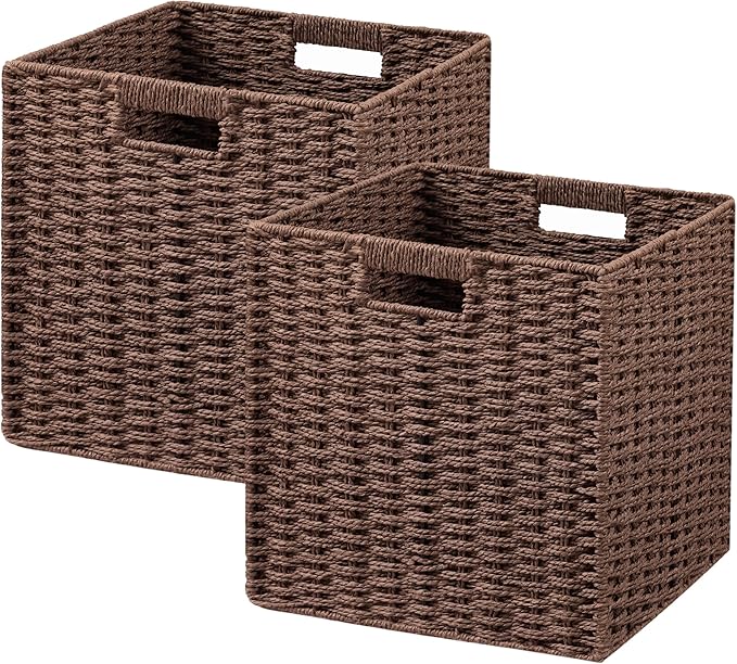 UBBCARE 2 Pack Wicker Basket, 11L×11H×10.5W inch Woven Paper Rope Storage Baskets for shelves, Foldable Cube Storage bin with Handle, Storage Basket for Organizing (Dark Brown, Cube-2pack 11")