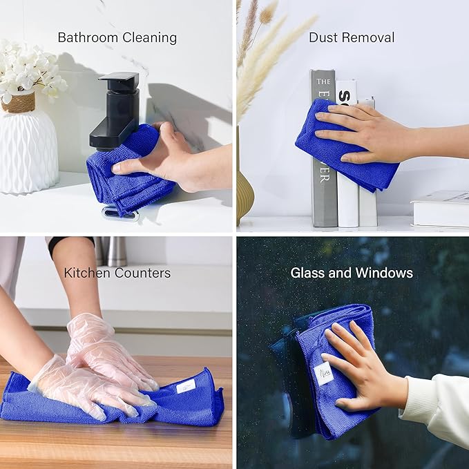 Ninia Blue Microfiber Cloth 12 Pack 35x35 cm, Thick & Absorbent Reusable Towels for Car Detailing Stainless Steel Polishing Electronics Dish Cloths Lint Free Cleaning Rags Glass, Kitchen & House