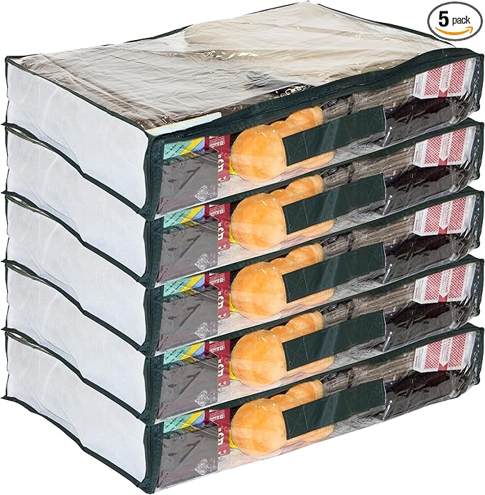 5-Pack Clear Vinyl Zippered Storage Bags 24 x 16 x 4 Inch with Dark Green Trim, 11 x 14.5 Insert Pocket and Handle