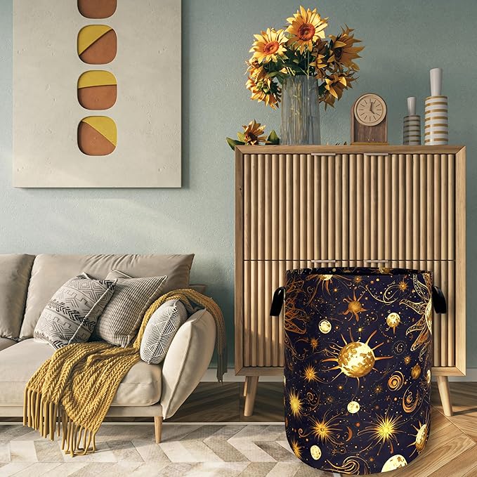 Golden Sun Pattern Laundry Basket Galaxy Funny Laundry Hamper Foldable Oxford Cloth Universe Colorful Tote Bag Clothes Toy Storage Bucket 18.9" x 16.5"For Bathroom/Laundry Storage/Bedroom