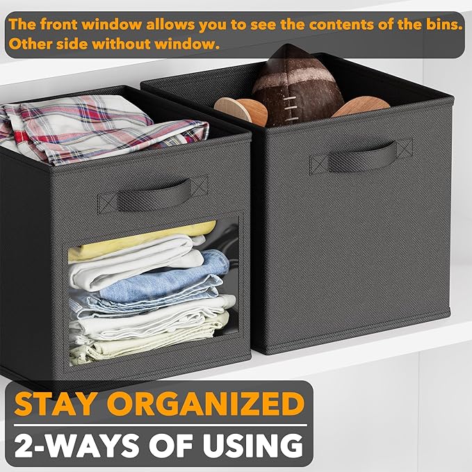 SpaceAid Storage Cubes with Clear Windows, Set of 6 Fabric Bins, 11 Inch Foldable Baskets Boxes for Closet, Cubby Shelf or Cube Storage Organizer, Black