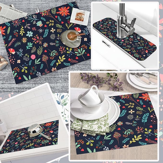 Set of 3 Colorful Flowers and Leaves Dish Drying Mat & Kitchen Sink Splash Guard Faucet Mat For Kitchen Counter Absorbent Microfiber Dishes Pad Dish Drainer Rack Mats Fast Dry Kitchen Accessories